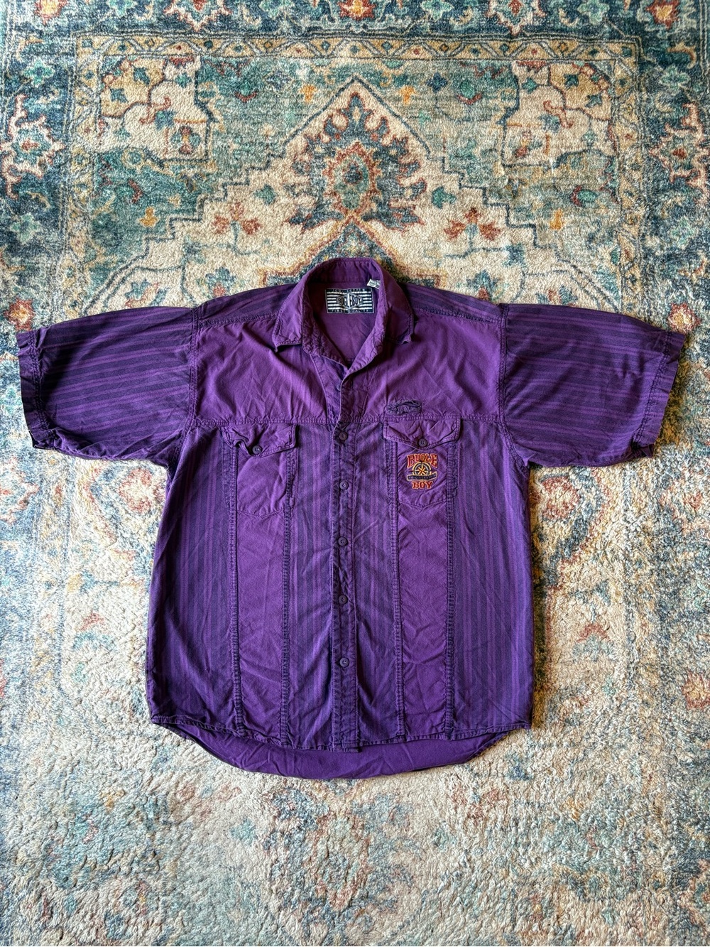 Vintage Bugle Boy Striped Logo Button-uo Shirt Large